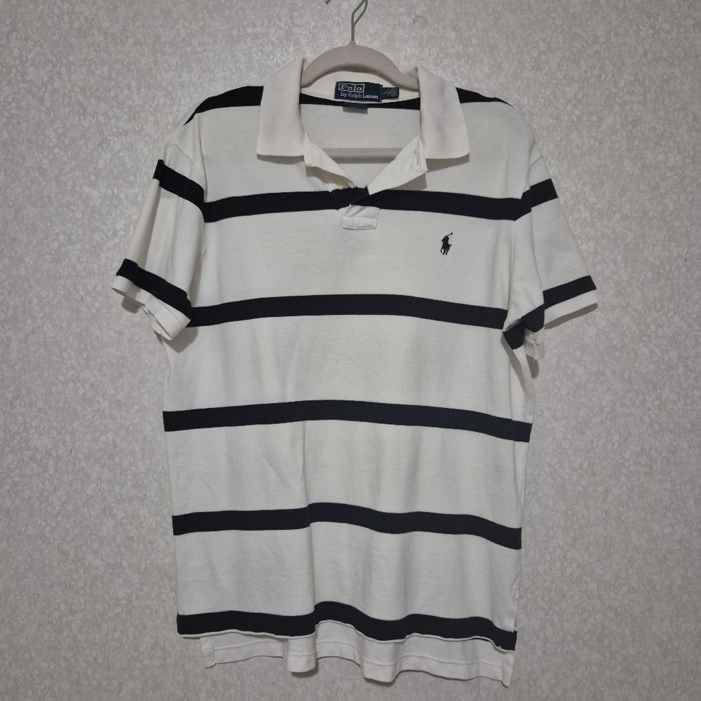 Polo by Ralph Lauren Men's White and Black Striped Shirt...size:L